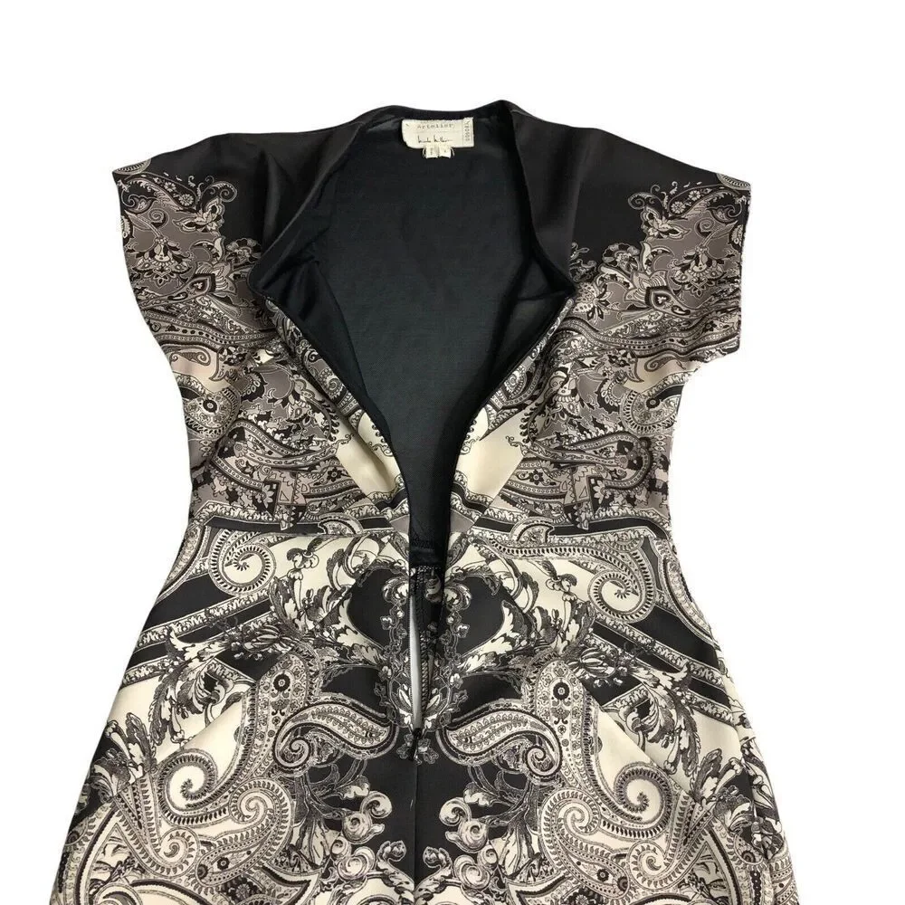 Artelier Nicole Miller Dress Womens 2 Brown Baroque‎ Front Zip Body Con Sheath